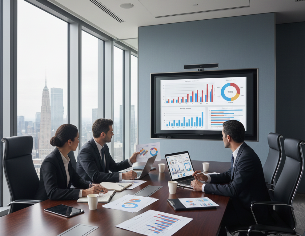 Equipo profesional en reunión de negocios alrededor de mesa de conferencia moderna, analizando documentos y gráficos financieros, ambiente corporativo elegante con iluminación natural