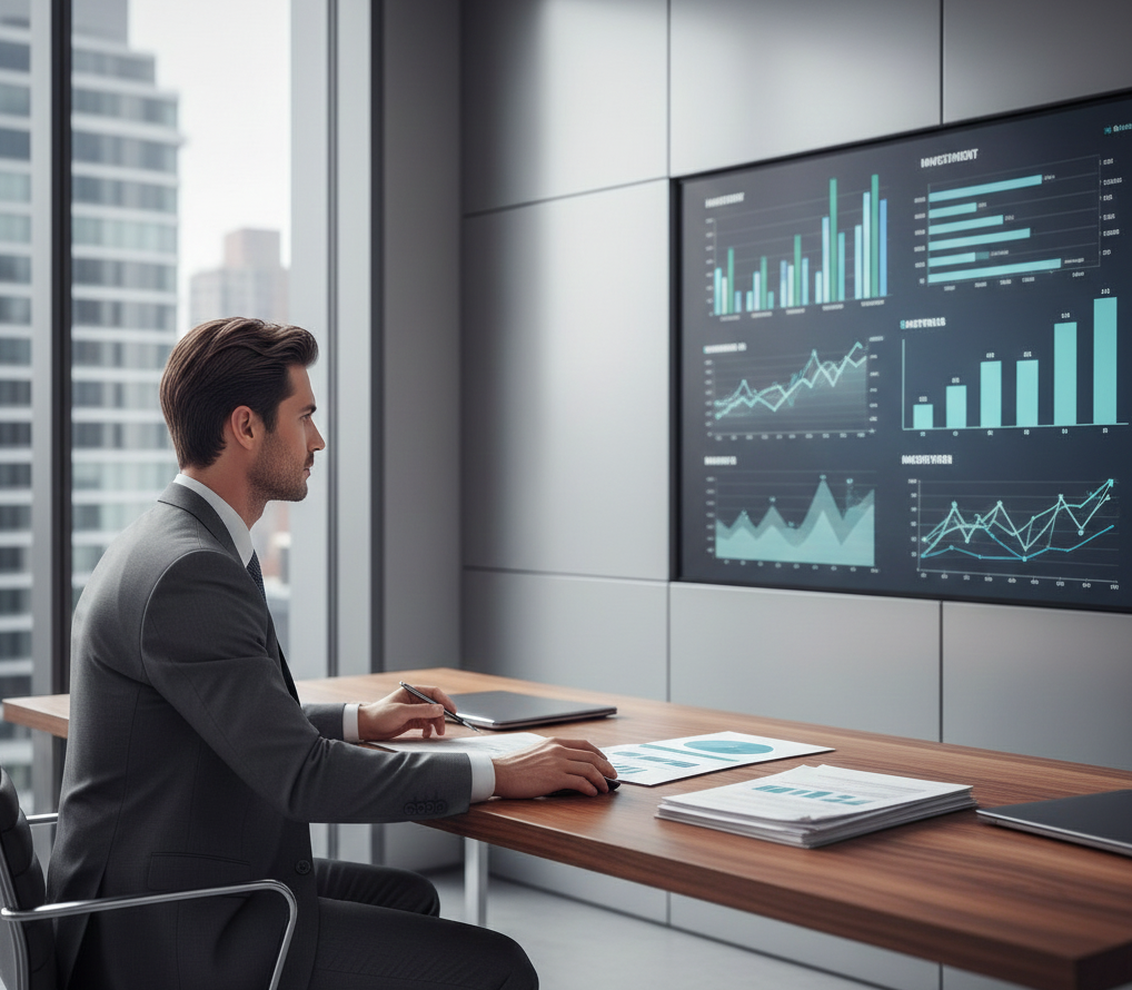 Ejecutivo en oficina moderna analizando gráficos de inversión en pantalla, documentos de análisis financiero en escritorio de madera, ambiente corporativo minimalista con tonos grises y plateados