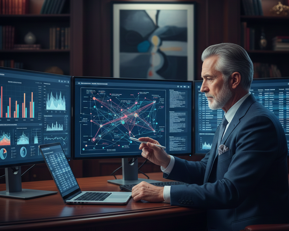 Profesional senior revisando cartera de inversiones en múltiples monitores, gráficos de correlación de activos y análisis de riesgo en pantalla, ambiente sofisticado con luz azul de pantallas